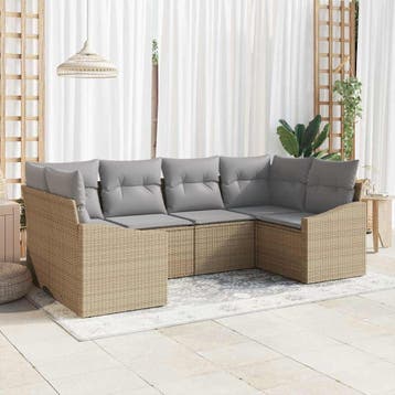 vidaXL Bankstel met kussen 6 pcs Beige poly rattan, Verzenden, Nieuw, Rotan, 6 zitplaatsen