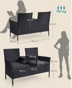 2-in-1 Balkonbank van Rotan Zwart – Tafel, Kussens, Glastop, 2 zitplaatsen, Nieuw, Stoel, Tuinset