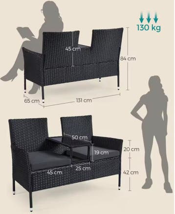 2-in-1 Balkonbank van Rotan Zwart – Tafel, Kussens, Glastop, 2 zitplaatsen, Nieuw, Stoel, Tuinset