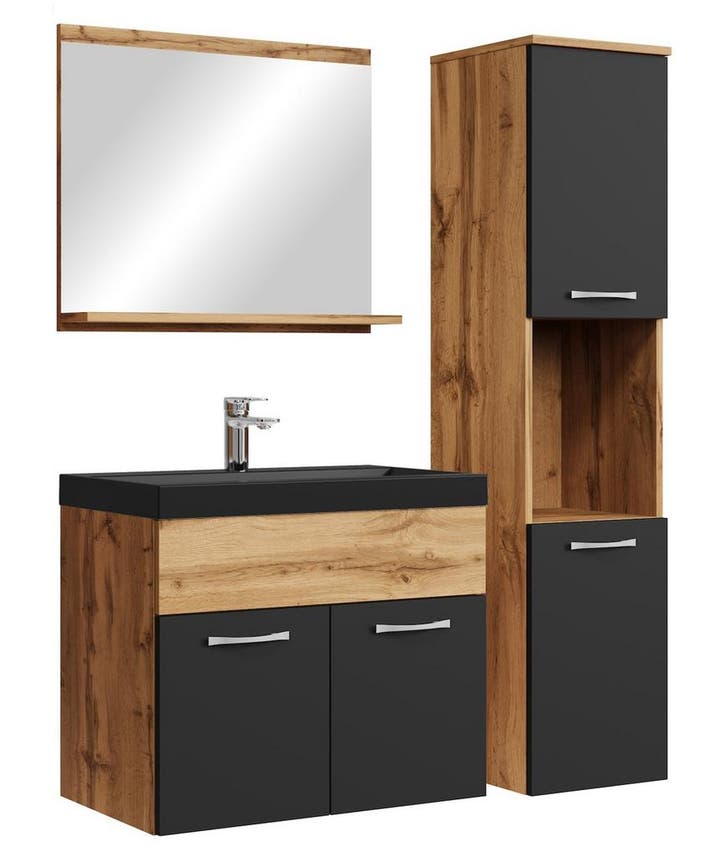 Badkamermeubel Set Montreal 60 x 35 cm Eiken Zwart Badmeubel, Huis en Inrichting, Badkamer | Badkamermeubels, Nieuw, Wastafelkast