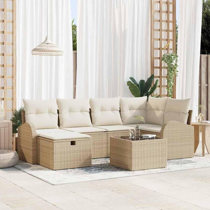 vidaXL Tuin Sofa Set met kussen met opslag 7 pcs Beige Poly, Tuin en Terras, Tuinsets en Loungesets, Nieuw, Rotan, Verzenden