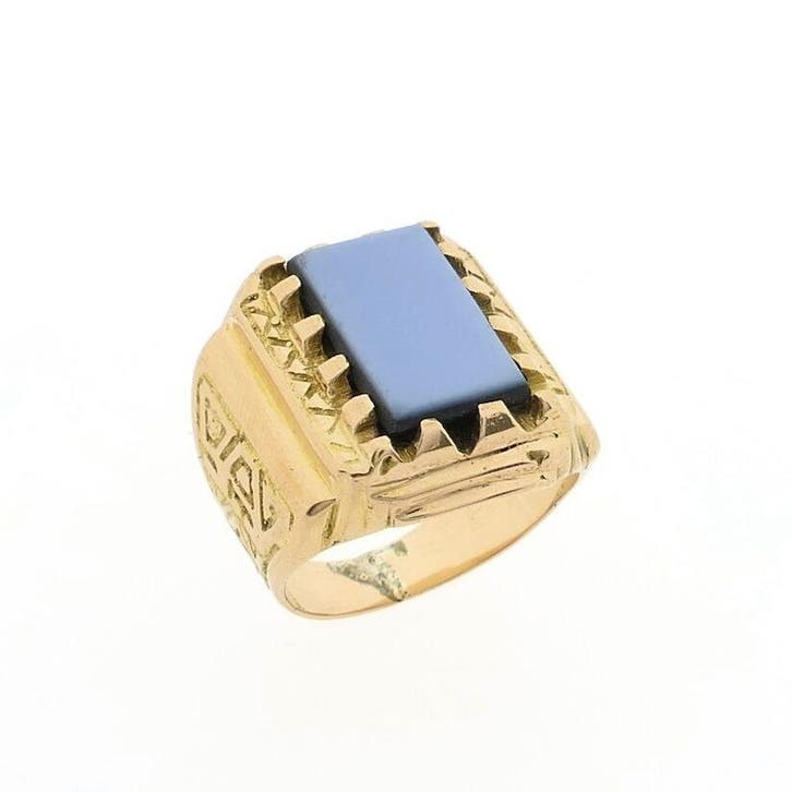 Gouden zegel/pinkring met blauwe lagensteen, Sieraden, Tassen en Uiterlijk, Ringen, Heer, Met edelsteen, Goud, 18 tot 19, Gebruikt