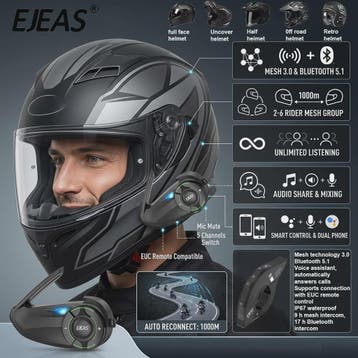 EJEAS Q8 Motorhelm Intercom Systeem - Bluetooth 5.1 Mesh 3.0, Verzenden, Nieuw
