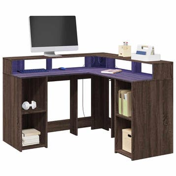 vidaXL Bureau met LED-verlichting 130x130x91 cm hout bruin, Verzenden, Nieuw