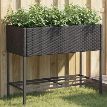 vidaXL Plantenbak met schap poly rattan zwart, Verzenden, Nieuw, Minder dan 60 cm, 60 cm of meer