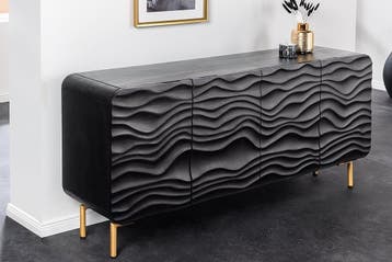 Design dressoir WAVE 160cm zwart mat goud mango massief hout, Huis en Inrichting, Kasten | Overige, Ophalen of Verzenden, Nieuw