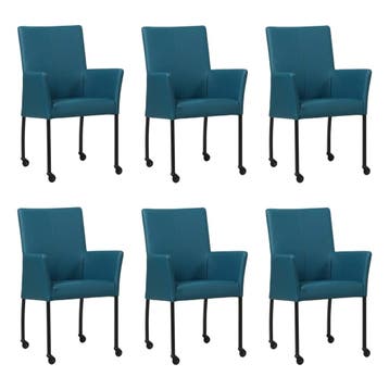 Set van 6 Leren eetkamerstoelen Comfort met wieltjes en, Ophalen of Verzenden, Nieuw, Leer