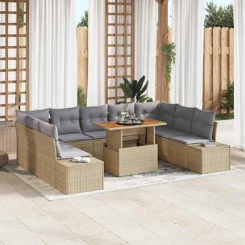 vidaXL Tuinbankenset 10 st Beige en Grijs, Verzenden, Nieuw, Rotan, Meer dan 8 zitplaatsen