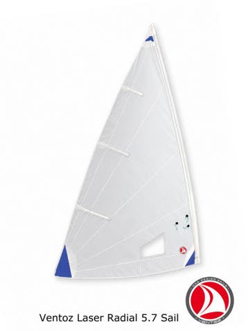 Ventoz Laser Radial Zeil 5.7 m2 (ILCA 6)  -Blauwe Patches, Verzenden, Nieuw, Grootzeil, Minder dan 15 m²