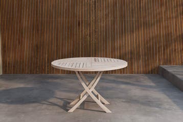 tuintafel-woody-rond-4-personen-whitewash-teak-120cm-the-out, Tuin en Terras, Verzenden, Nieuw