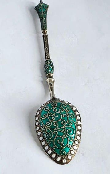 Lepel - .830 zilver - Geëmailleerde zilver, Antiek en Kunst, Antiek | Goud en Zilver