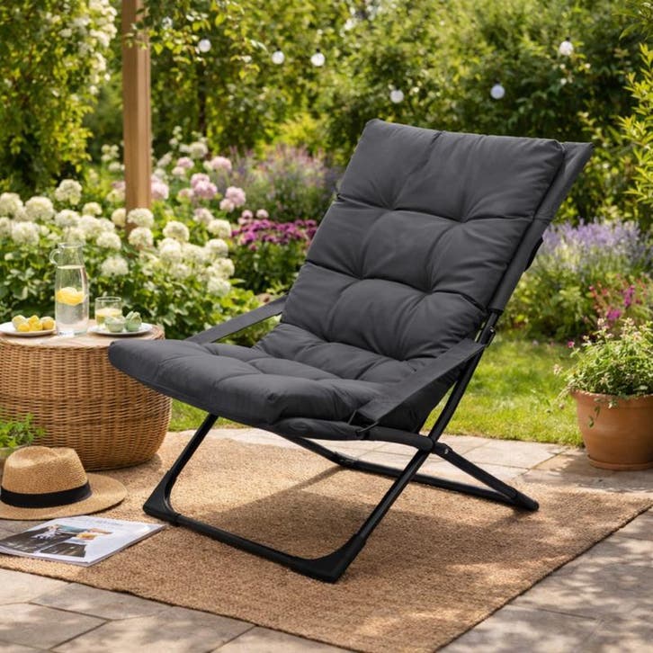 Loungestoel met kussen - grijs - 84 x 63 x 88 cm, Tuin en Terras, Tuinstoelen, Nieuw, Verzenden