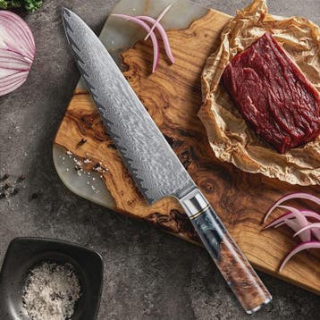 8 inch Damast Koksmes - Professioneel Keukenmes met Zwart Re, Verzenden, Nieuw