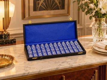 Set van 12 Art Deco glazen messenleggers in originele etui –