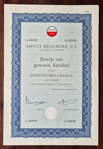 Nederland. 100 Gulden - 1966 Amstel Brouwerij - aandeel