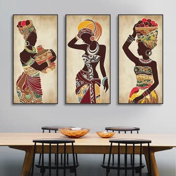 Set van 3 Afrikaanse Vrouwen Canvas Schilderijen - Vintage W, Verzenden
