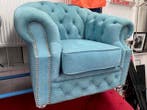 Chesterfield Maarssen !! Blauw suède Chesterfield Fauteuil, Huis en Inrichting, Ophalen, Zo goed als nieuw, Leer, CHESTERFIELD
