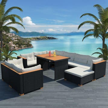 vidaXL 10-delige Loungeset met kussens poly rattan zwart, Verzenden, Nieuw, Meer dan 8 zitplaatsen, Loungeset