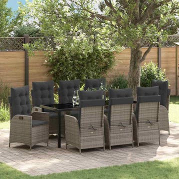 vidaXL Tuin eettafelset 9 st Grijs poly rattan, Verzenden, Nieuw, Meer dan 8 zitplaatsen