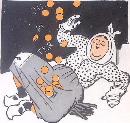 Geldstukken vallen op het Franse boerenland op spotprent, Antiek en Kunst, Kunst | Litho's en Zeefdrukken, Verzenden