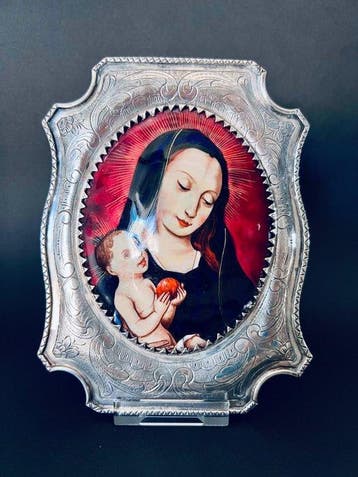 Devotieplaat - Maagd en Kind met appel - Zilver, Emaille -, Antiek en Kunst