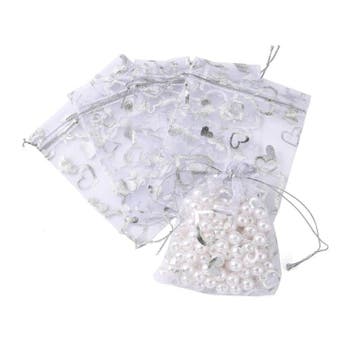 100 x Organza zakjes 10 x 12 cm – wit met zilveren hartjes, Ophalen of Verzenden, Nieuw