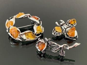 Baltisch barnsteen broche-set - Drie Artistieke Collectie: