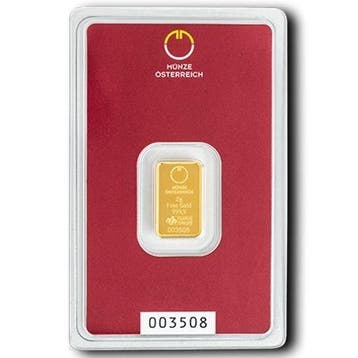 2 gram - Goud .999 - 2g .9999 Fine Gold Bar Austrian Mint