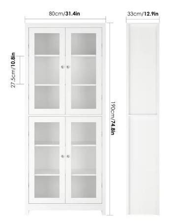 Witte Vitrinekast 190×80×33 cm – 4 Glazen Deuren, 6 Niveaus, Verzenden, Nieuw