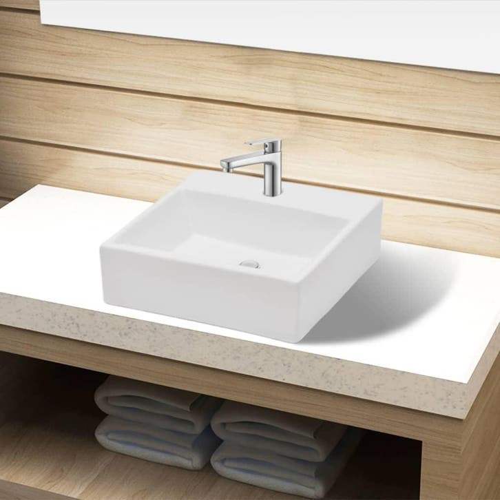 vidaXL Wastafel met kraangat vierkant keramiek wit, Doe-het-zelf en Verbouw, Sanitair, Nieuw, Verzenden