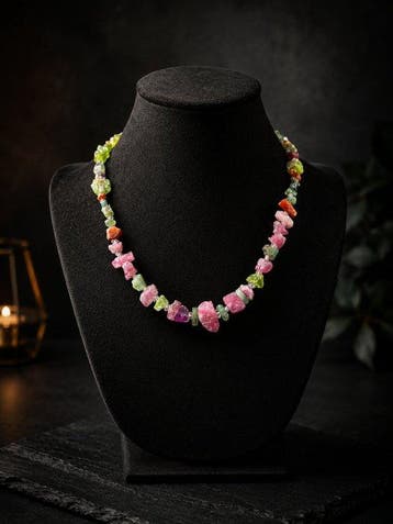 Natuurlijke ruwe kristalketting | Rode tourmalijn, peridot,
