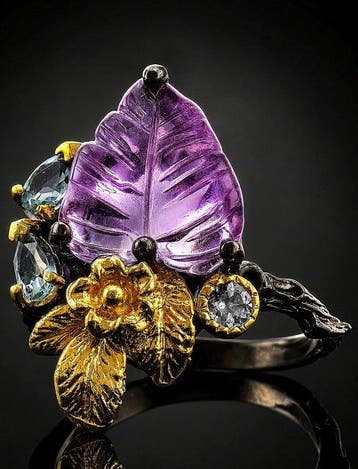 Paars amethist ring - 925 sterling zilver - zwarte rhodium, Antiek en Kunst