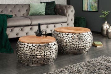 Set van 2 ronde salontafels STONE MOSAIC 65cm zilver, Huis en Inrichting, Tafels | Salontafels, Ophalen of Verzenden, Nieuw