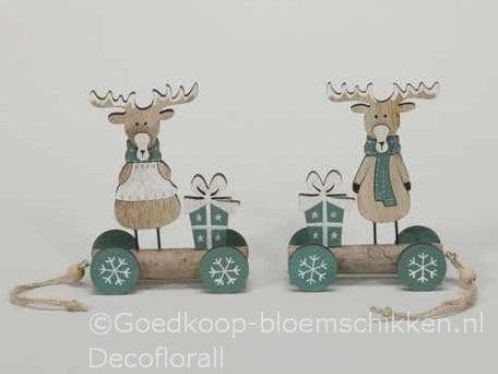 Houten wagentje met Rendier 14x14x2 cm per stuk, Huis en Inrichting, Woonaccessoires | Kunstplanten en Kunstbloemen, Nieuw, Ophalen of Verzenden