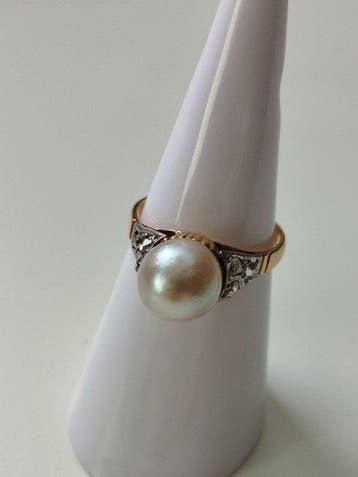 Ring - 18 karaat Geel goud Parel - Diamant, Nieuw