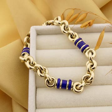 Vintage gouden jasseron schakelarmband met lapis lazuli, Gebruikt, Overige kleuren, Ophalen of Verzenden, Met edelsteen