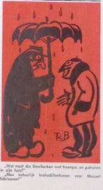 Twee mannen praten over Mussert en Geelkerken op spotprent, Verzenden