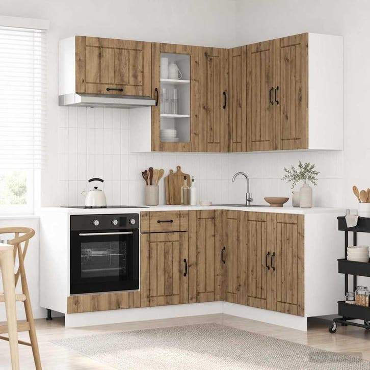 vidaXL Keukenblok LUCCA 8 st Artisanaal eiken Bewerkt hout, Huis en Inrichting, Keuken | Keukenelementen, Bruin, Nieuw, Verzenden