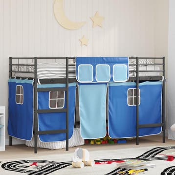 vidaXL Bunkbed voor kinderen met gordijnen Zwart en Blauw, Verzenden, Nieuw, Zwart, Metaal