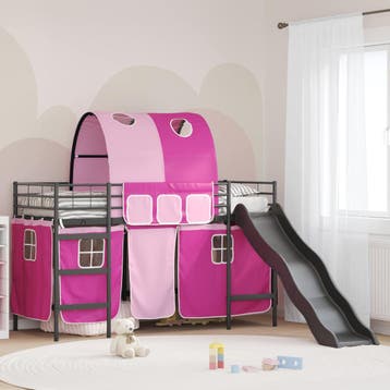 vidaXL Bunkbed voor kinderen met gordijnen Zwart en Roze 100, Verzenden, Nieuw, Zwart, Metaal