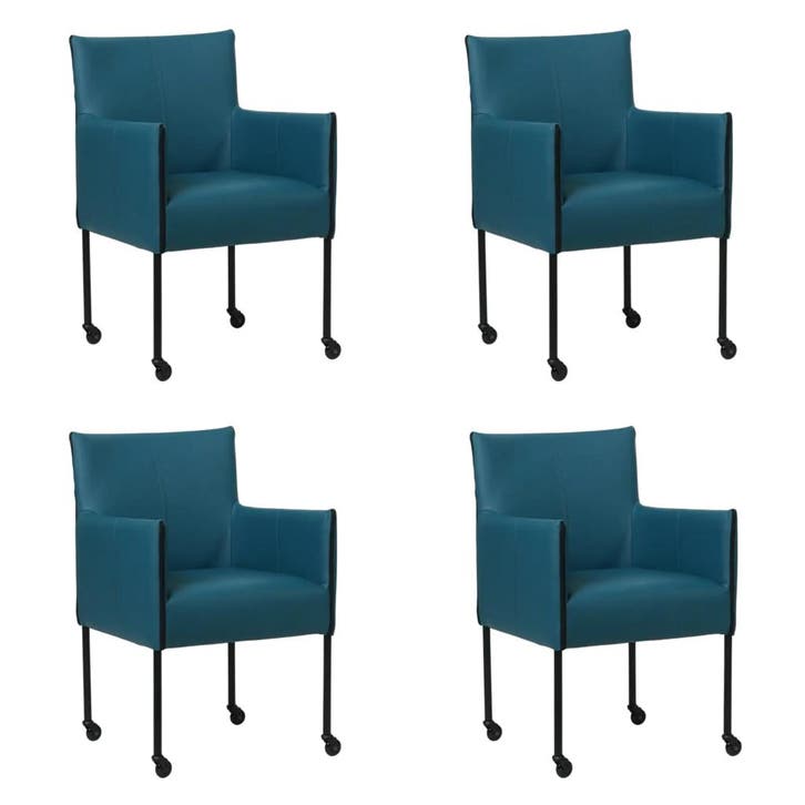 Set van 4 Leren eetkamerstoelen More - Hermes Turquoise, Huis en Inrichting, Stoelen, Vijf, Zes of meer stoelen, Nieuw, Leer, Ophalen of Verzenden