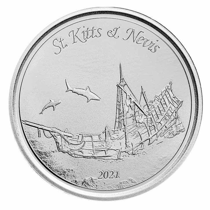EC8 - St. Kitts and Nevis Sunken Ship 1 oz 2021, Postzegels en Munten, Munten | Amerika, Losse munt, Zilver, Verzenden