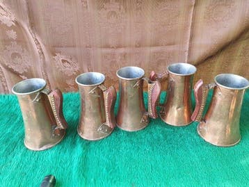 Bierpul (5) - Koper, Hout, Tin - Set koperen bekers, Antiek en Kunst