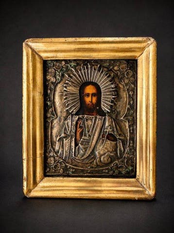 Icoon - Christus Pantokrator - Messing - Russin, Antiek en Kunst