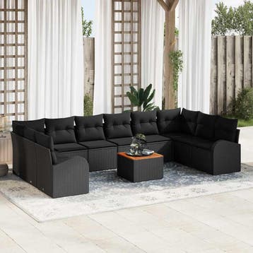 vidaXL Tuinbankenset 11 st Zwart poly rattan, Verzenden, Nieuw, Rotan, Meer dan 8 zitplaatsen