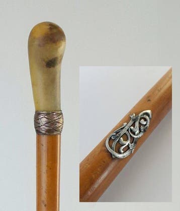 Wandelstok - met monogram - Hout, Hoorn, Metaal -, Antiek en Kunst