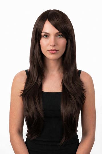 KIMU® Luxe Lange Donkerbruine Pruik Lang Bruin Schuine Pony, Ophalen of Verzenden, Nieuw, Carnaval