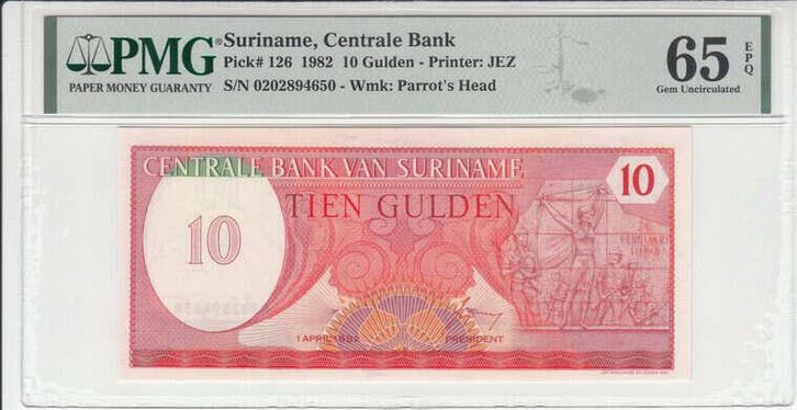 1982 Suriname 10 Gulden Pick 126 Pmg Gem Unc 65 Epq, Postzegels en Munten, Bankbiljetten | Europa | Niet-Eurobiljetten, Verzenden
