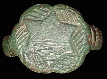 Middeleeuws Brons, -ring met gravure van Exagrama, Antiek en Kunst