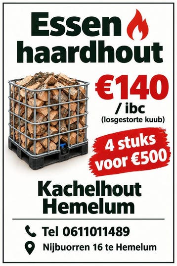 Essen haardhout kachelhout / ibc losgestorte kuub Eiken, Tuin en Terras, 3 tot 6 m³, Ophalen of Verzenden, Essenhout, Blokken